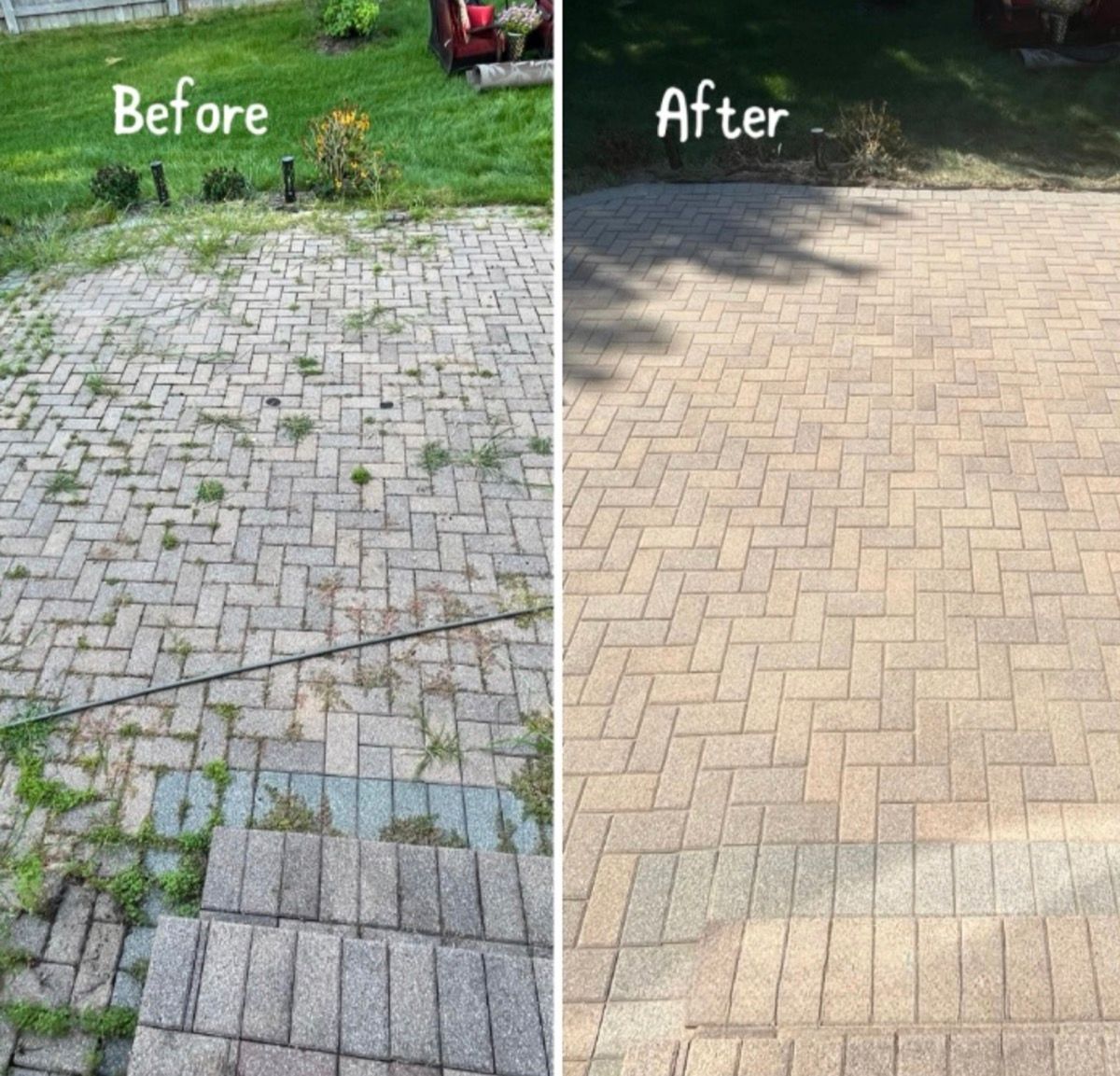 Red brick walkway before and after restoration