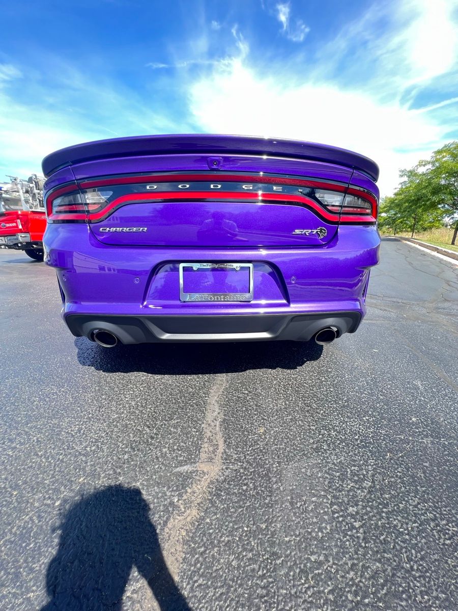 Purple Dodge Charger SRT rear view after detail