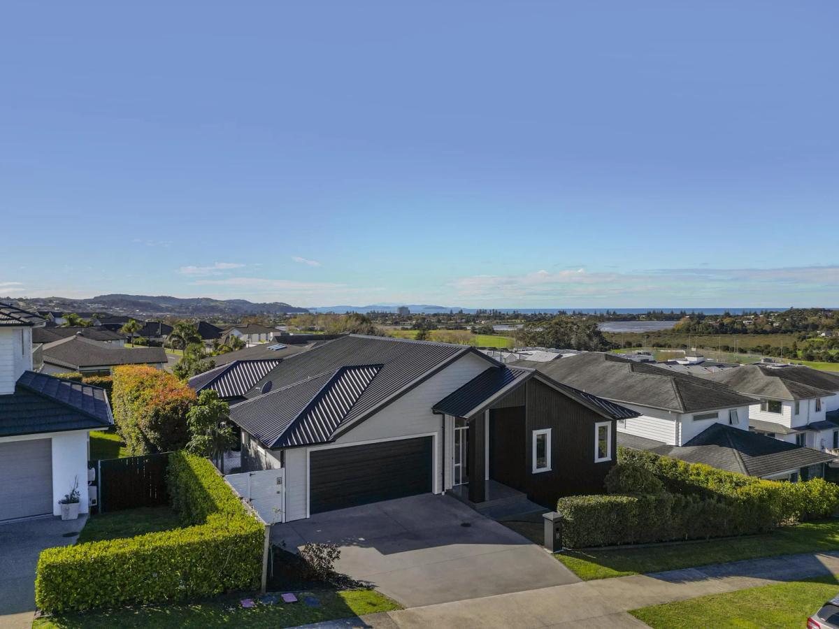 Aerial view of the finished house, with the harbour in the distance