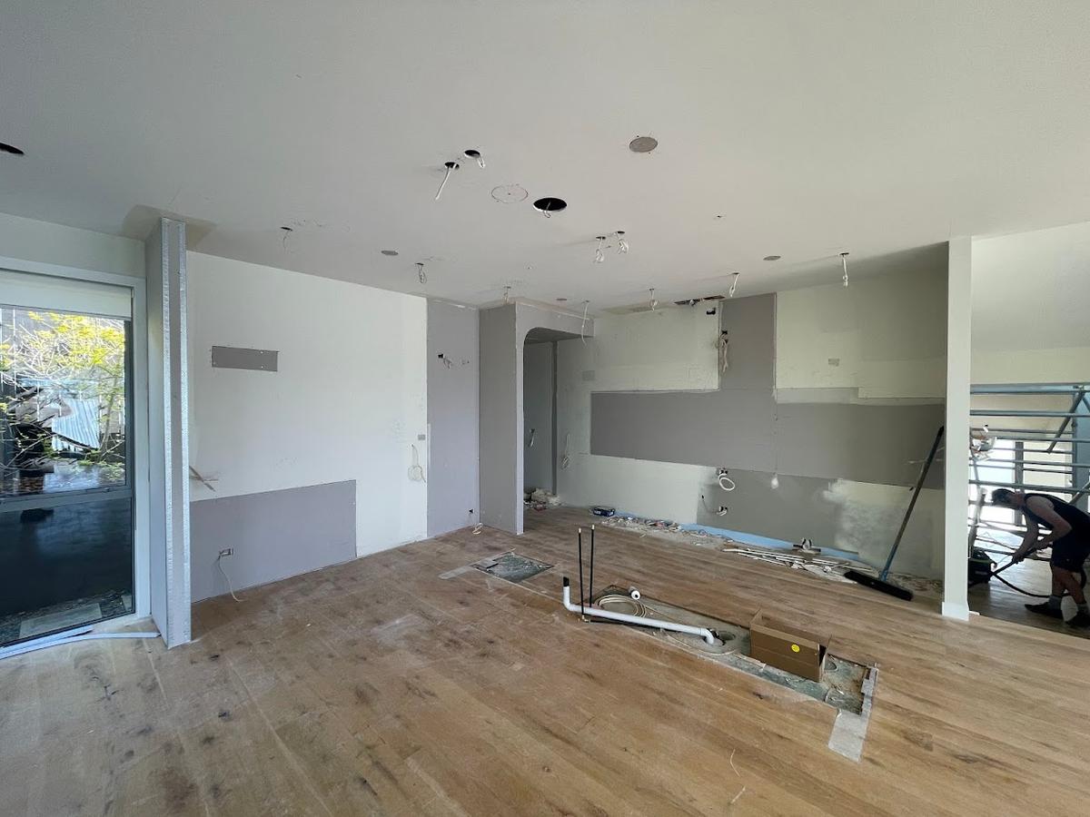 The room stripped back to linings part way through the renovation