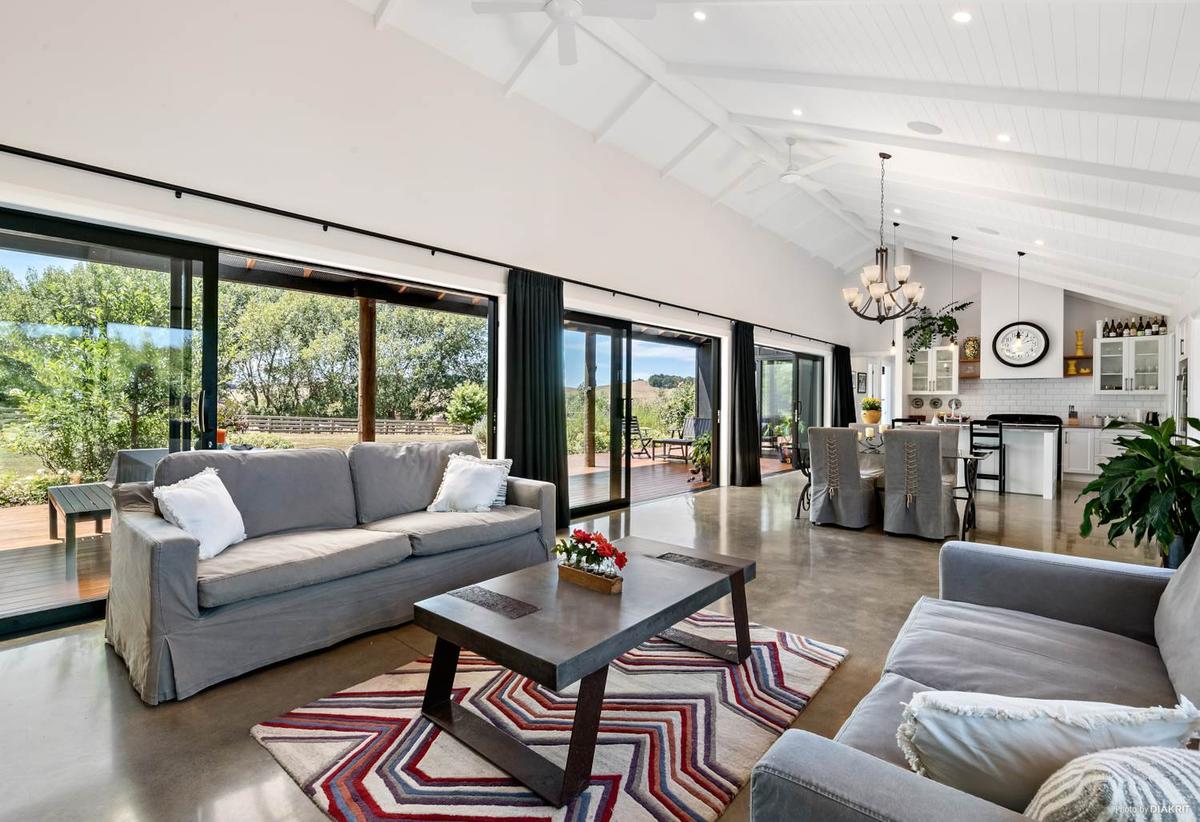 Open plan living under a raked ceiling, looking through to the kitchen