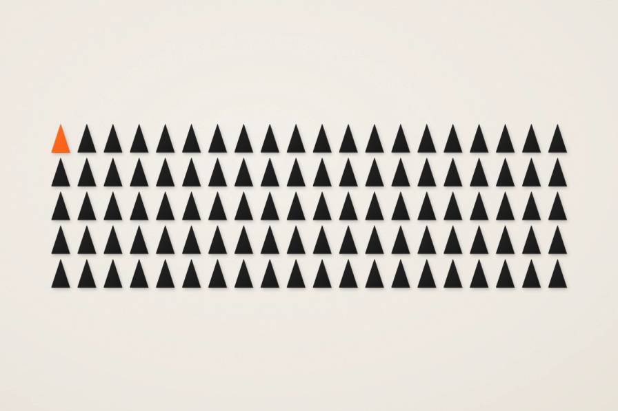 One hundred small dark triangles in five rows on a cream ground; the first one is tangerine, marking the first founding spot claimed.