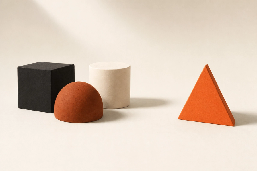 Four matte ceramic forms on a cream ground: a black cube, a rust dome and an ivory cylinder grouped on the left, and a tangerine triangle standing apart on the right.