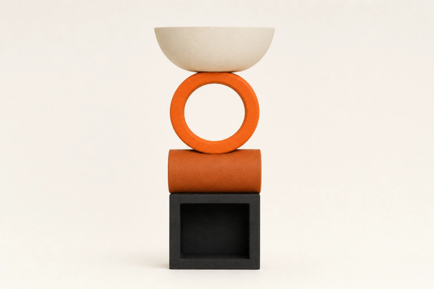 A vertical totem of four hollow matte ceramic forms stacked dead-on against a bone cream backdrop: an open black cube at the bottom, a deep burnt-orange cylinder lying on its side, an upright tangerine ring with its opening facing the camera, and a wide shallow ivory bowl opening upward on top.