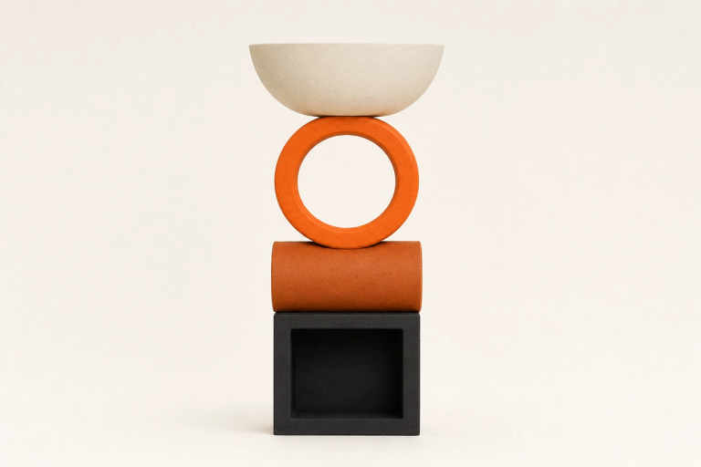 A vertical totem of four hollow matte ceramic forms stacked dead-on against a bone cream backdrop: an open black cube at the bottom, a deep burnt-orange cylinder lying on its side, an upright tangerine ring with its opening facing the camera, and a wide shallow ivory bowl opening upward on top.
