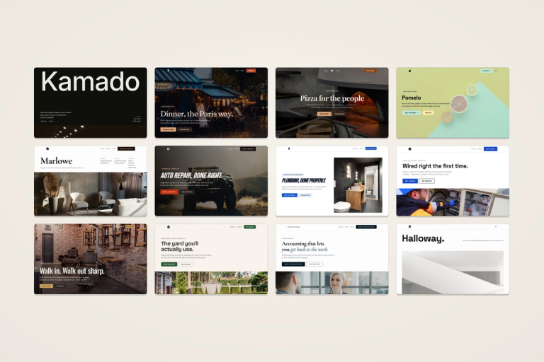 A grid of twelve website templates for restaurants, trades, and professional firms, shown as real homepage screenshots on a cream ground.