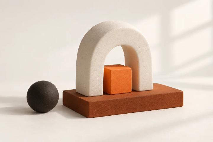 Matte ceramic still life: a small tangerine cube resting inside an ivory arch on a deep orange slab, with a dark sphere beside it.