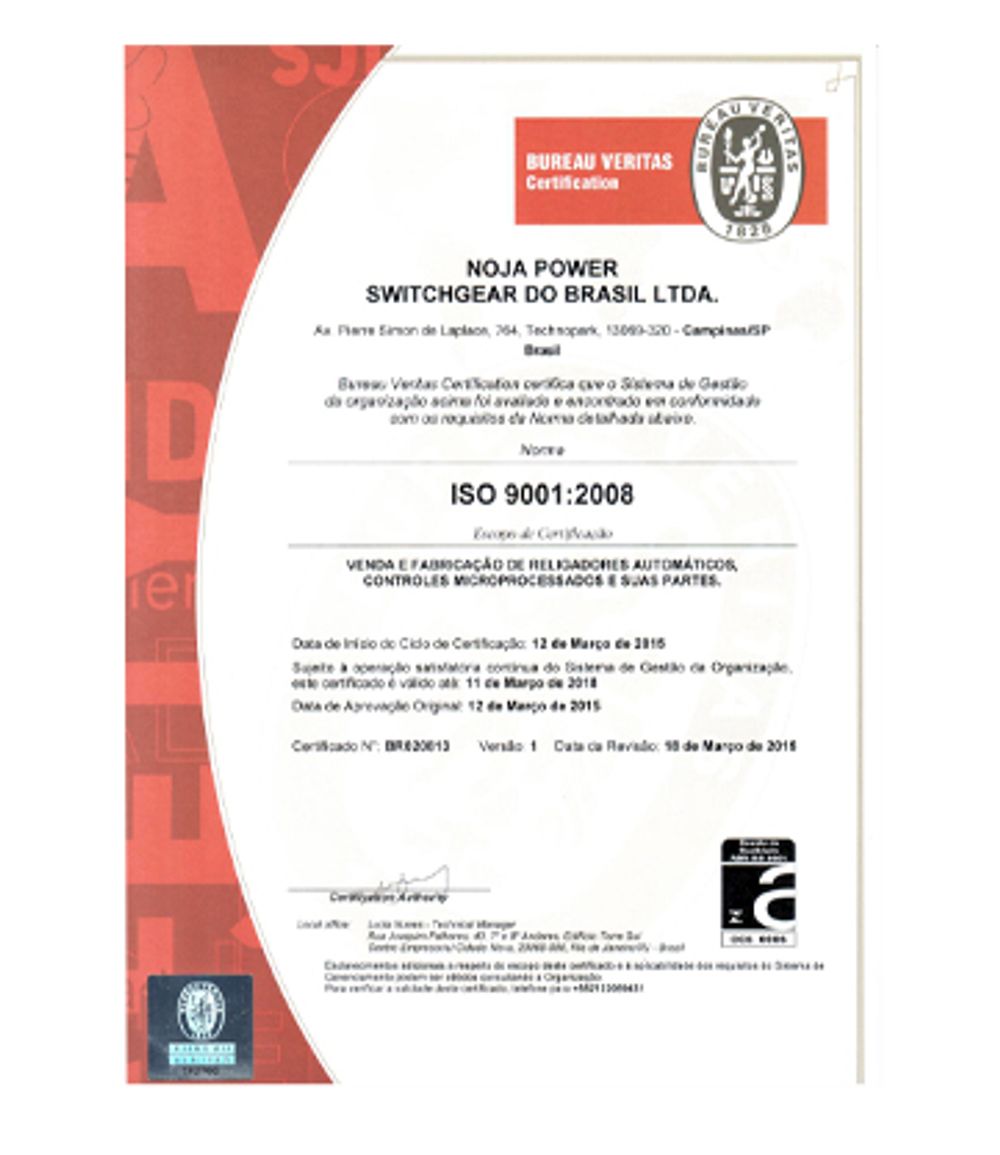 NOJA Power Brazil ISO9001:2008 certification