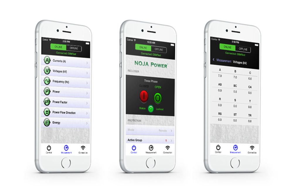 Three iPhones side by side showing different screens of NOJA Power Recloser App