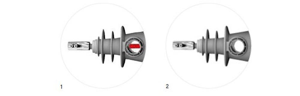 NOJA Power VISI-SWITCH® in Closed (left) and Open (right) positions. The Red conductor is the current path.