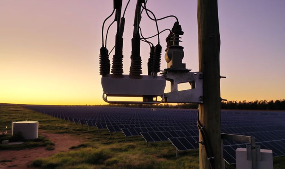 Close up side angle of a NOJA Power OSM Recloser at sunset with solar farm in the background lation 
