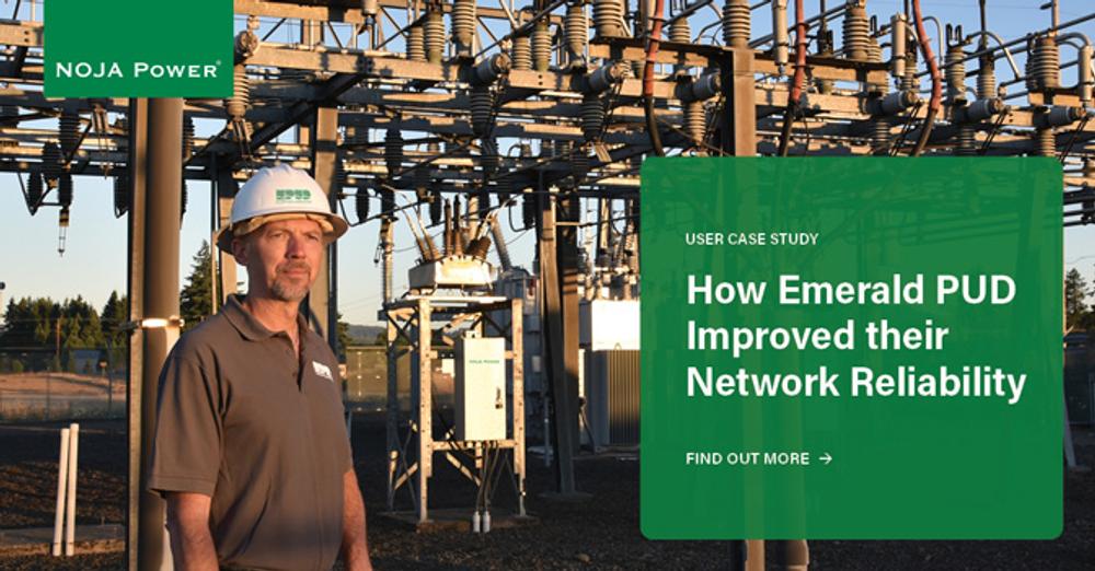 Man is standing in front of a substation and NOJA Power OSM Recloser and RC Controller. Green overlay box contains text saying 'How Emerald PUD improved their network reliability'