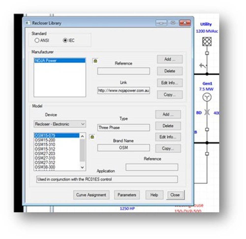 A Screenshot from ETAP showing the NOJA Power Recloser Library, with device options.
