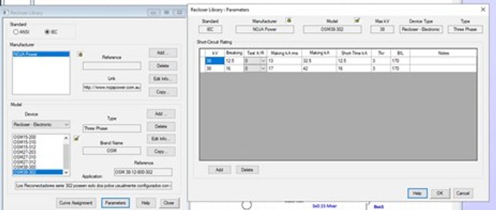 NOJA Power OSM Recloser Device Model Parameter Configuration in ETAP