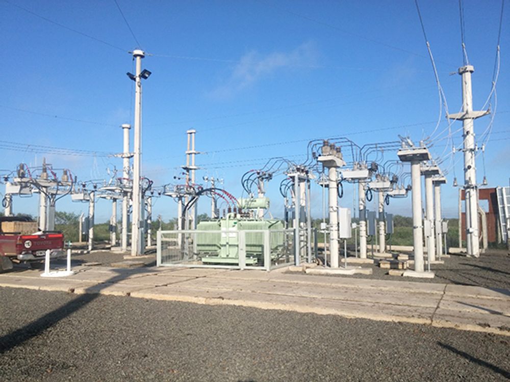 NOJA Power OSM Reclosers installed inside an Argentinian Substation with blue skies behind