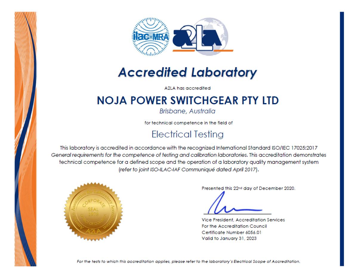 NOJA Power Accredited Laboratory Cerificate