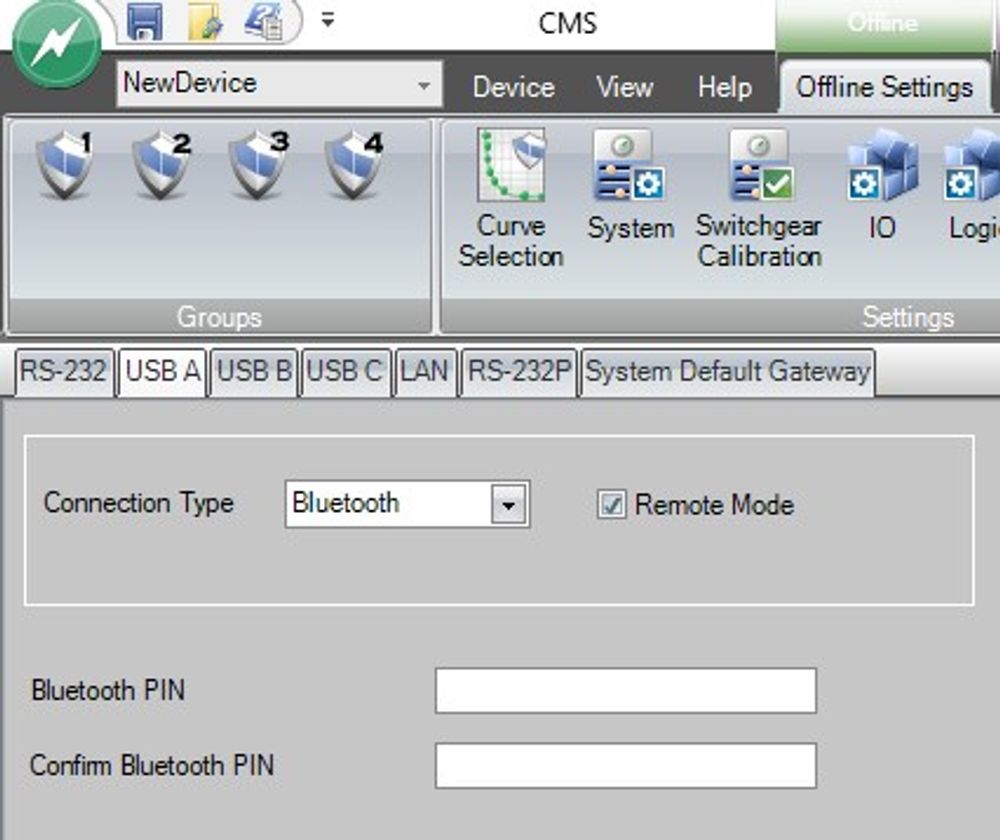 Captura de tela das configurações de comunicação no pacote de software CMS da NOJA Power