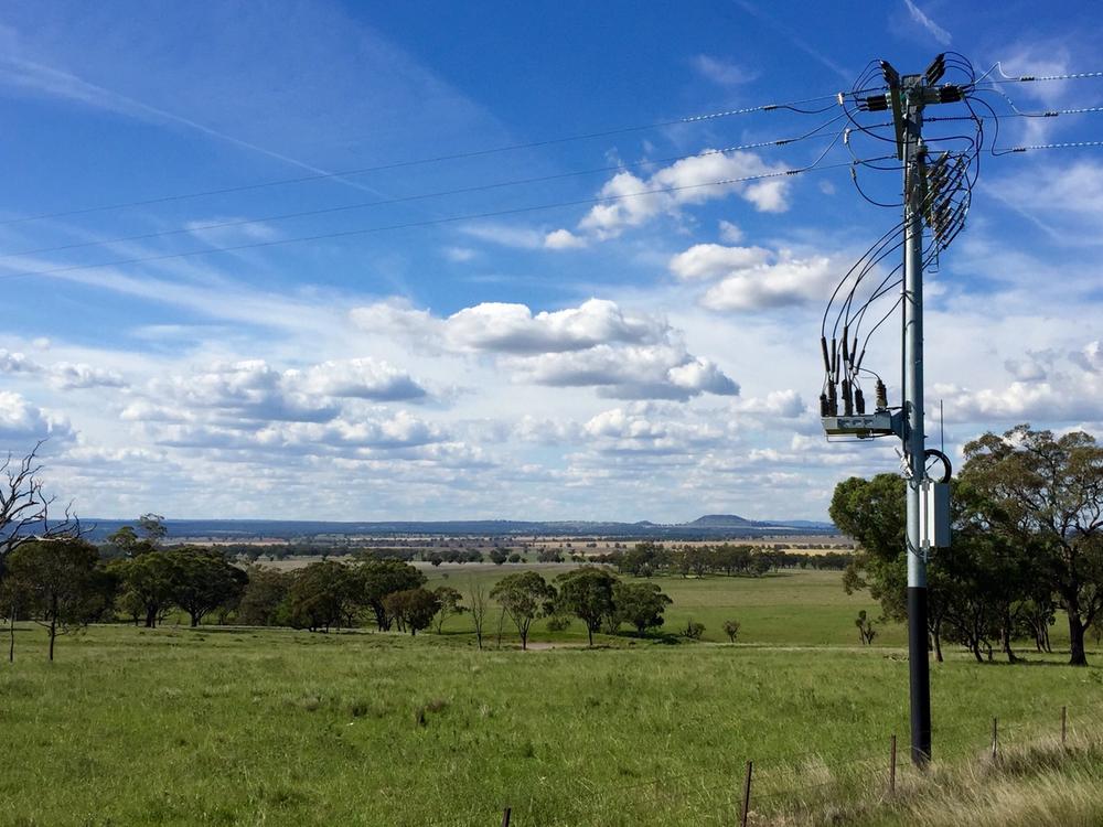 NOJA Power OSM Recloser Installation in rural Australia, surrounded by tall brown grass and shrubbery on hills behind 