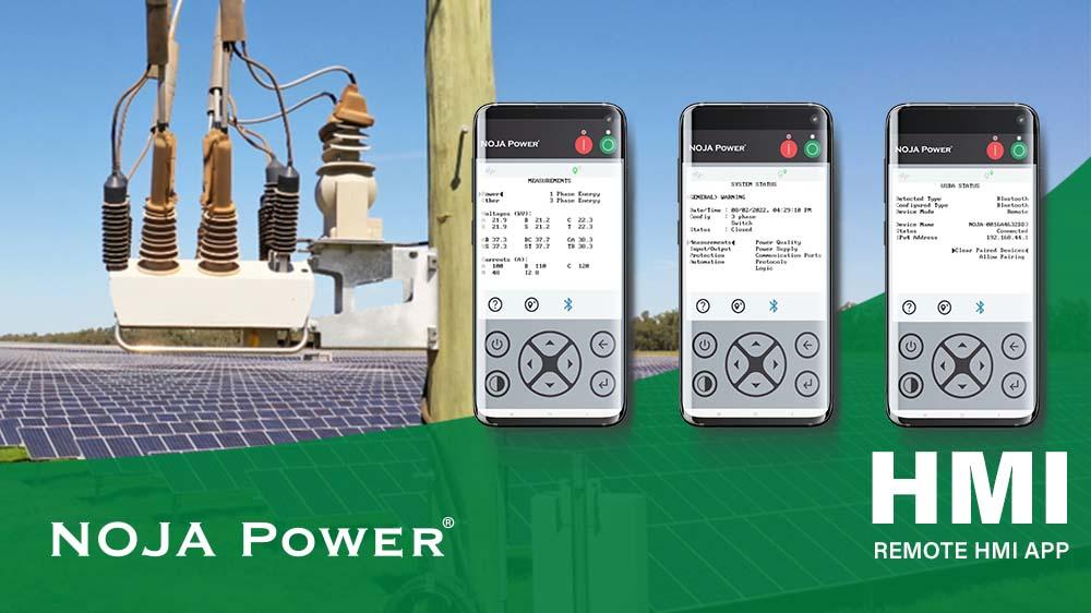 NOJA Power HMI panels overlain over a photo of an OSM Recloser installation, with text 'HMI: Remote HMI App' in the bottom right corner 