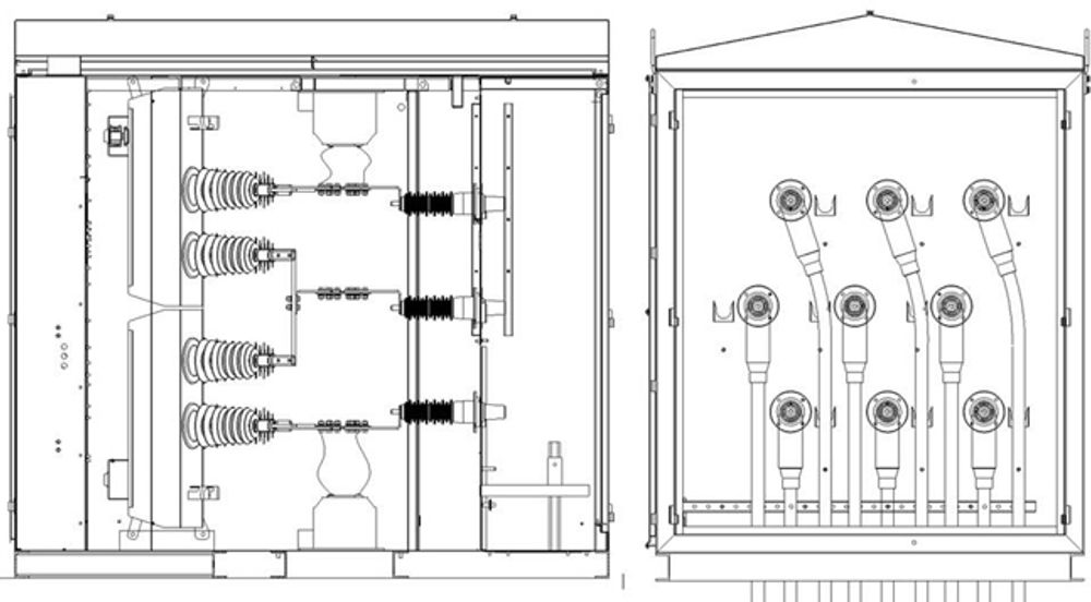Two technical drawings: On the left. a general Arrangement of Internal Medium Voltage Reclosers. On the right, a cable bay with Incoming feeders top and bottom, central horizontal arrangement of outgoing feeder to critical load.