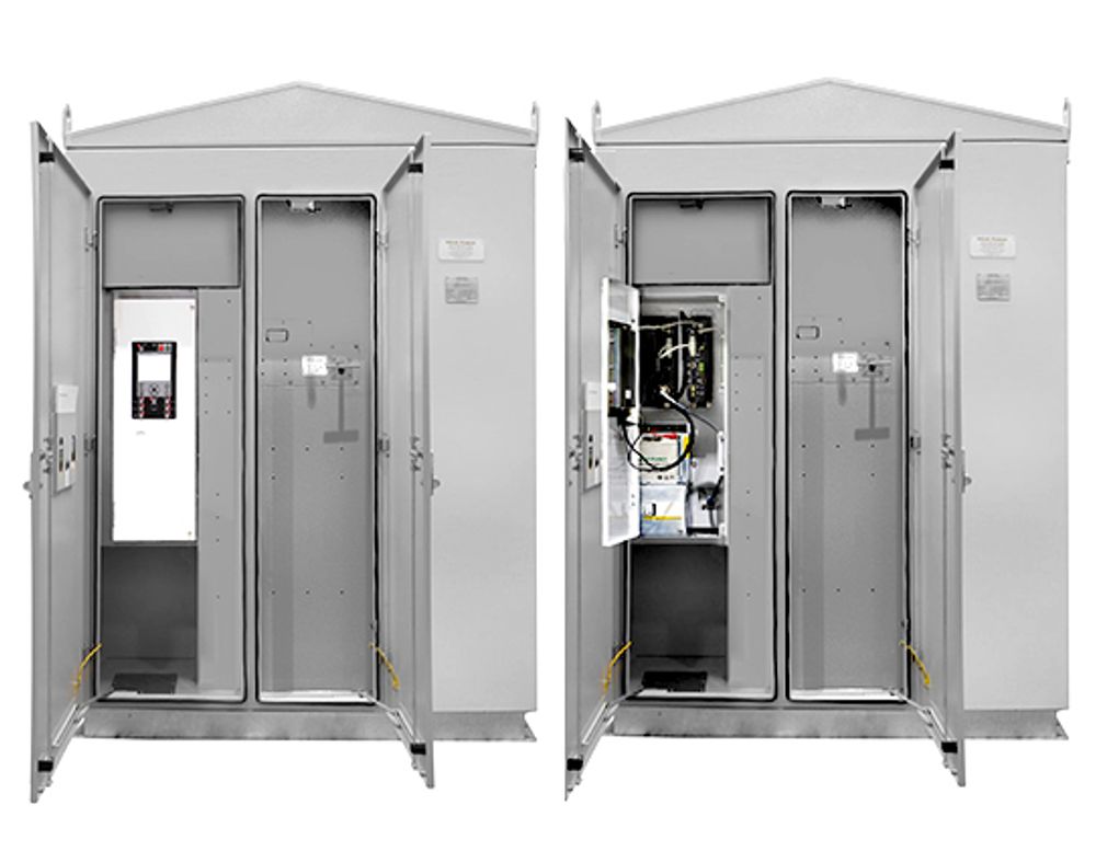 Two NOJA Power GMKs with open doors, with RC20 units installed inside