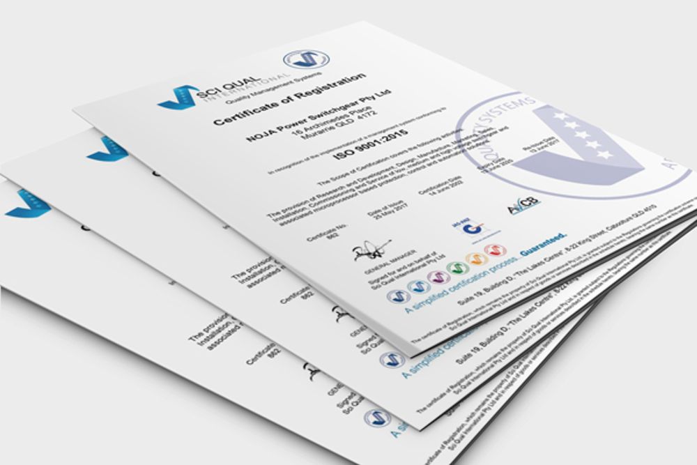 Image of three certificates spread out on white background of NOJA Power SCI Qual International, Quality Management System Certificate of Registration