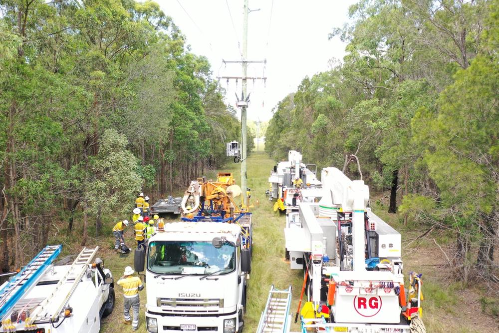 Overview image of the installation site, including four trucks between trees with individuals facing the powerline in the middle