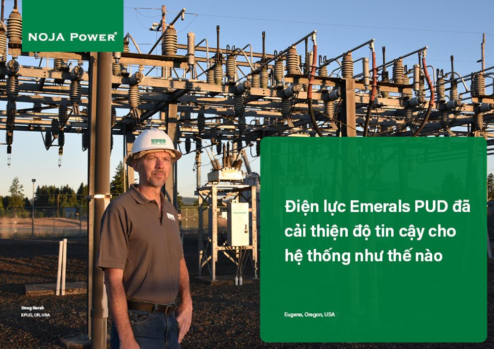 Man is standing in front of a substation and NOJA Power OSM Recloser and RC Controller. Green overlay box contains text saying 'How Emerald PUD improved their network reliability'