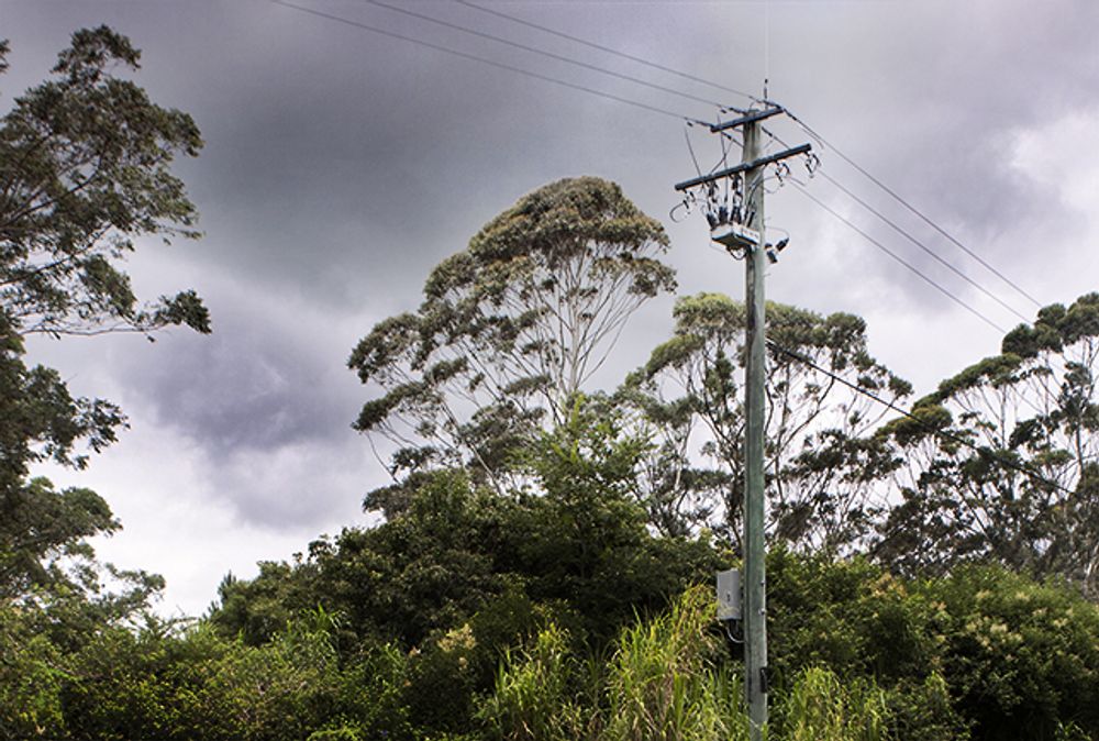 NOJA Power OSM Recloser in Montville Australia surrounded by trees and stormy clouds