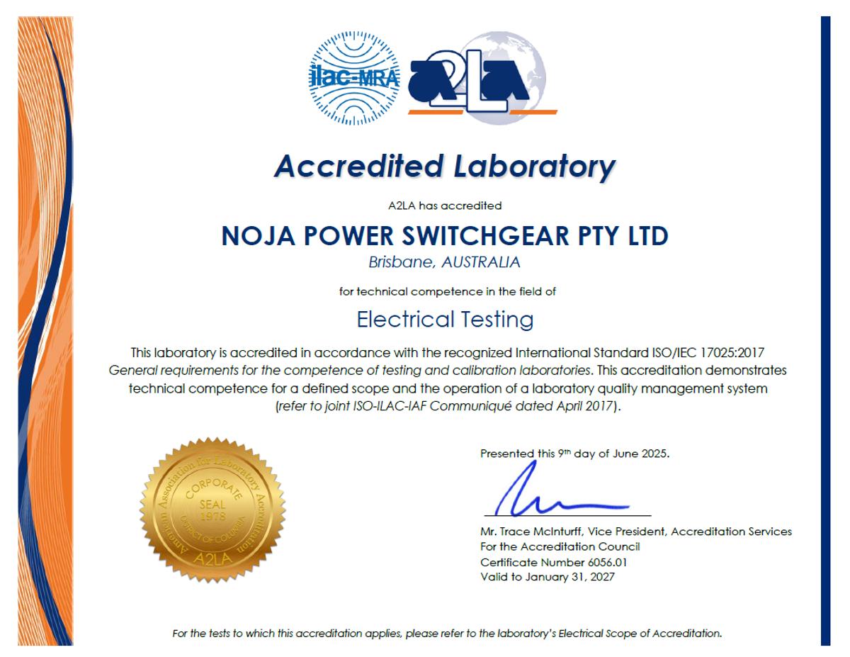 NOJA Power Accredited Laboratory Cerificate