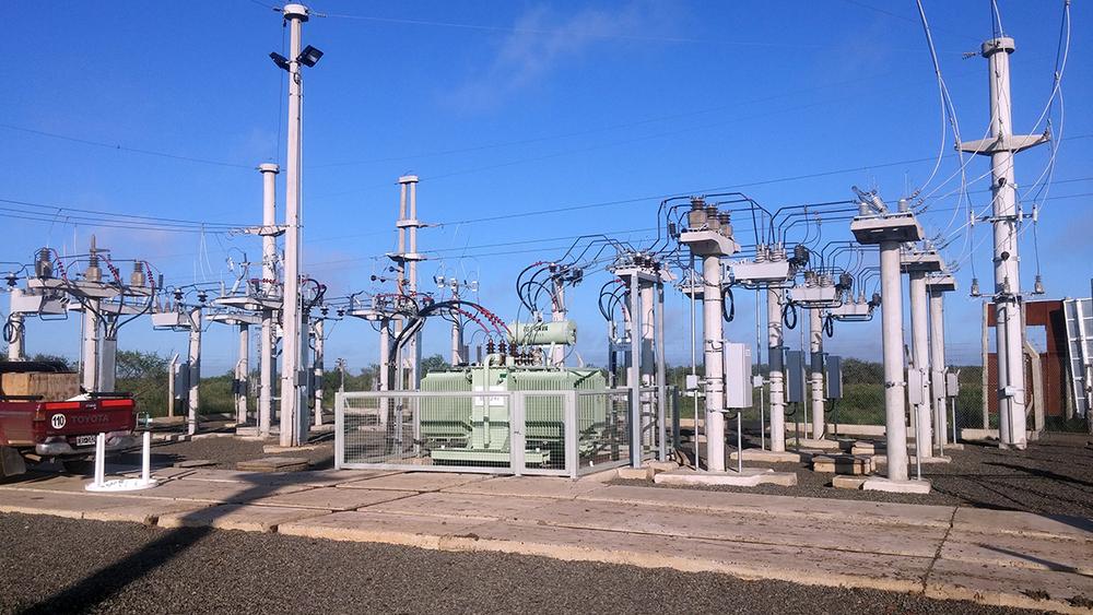 NOJA Power OSM Reclosers installed inside an Argentinian Substation with blue skies behind