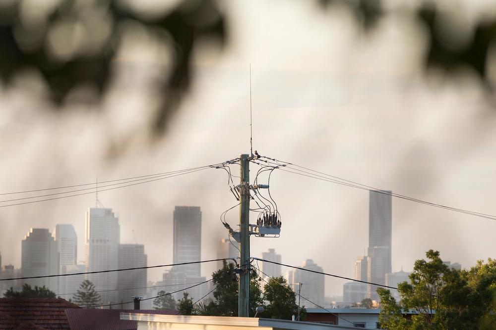 NOJA Power Recloser captured through the trees, with the Brisbane city skyline in the background