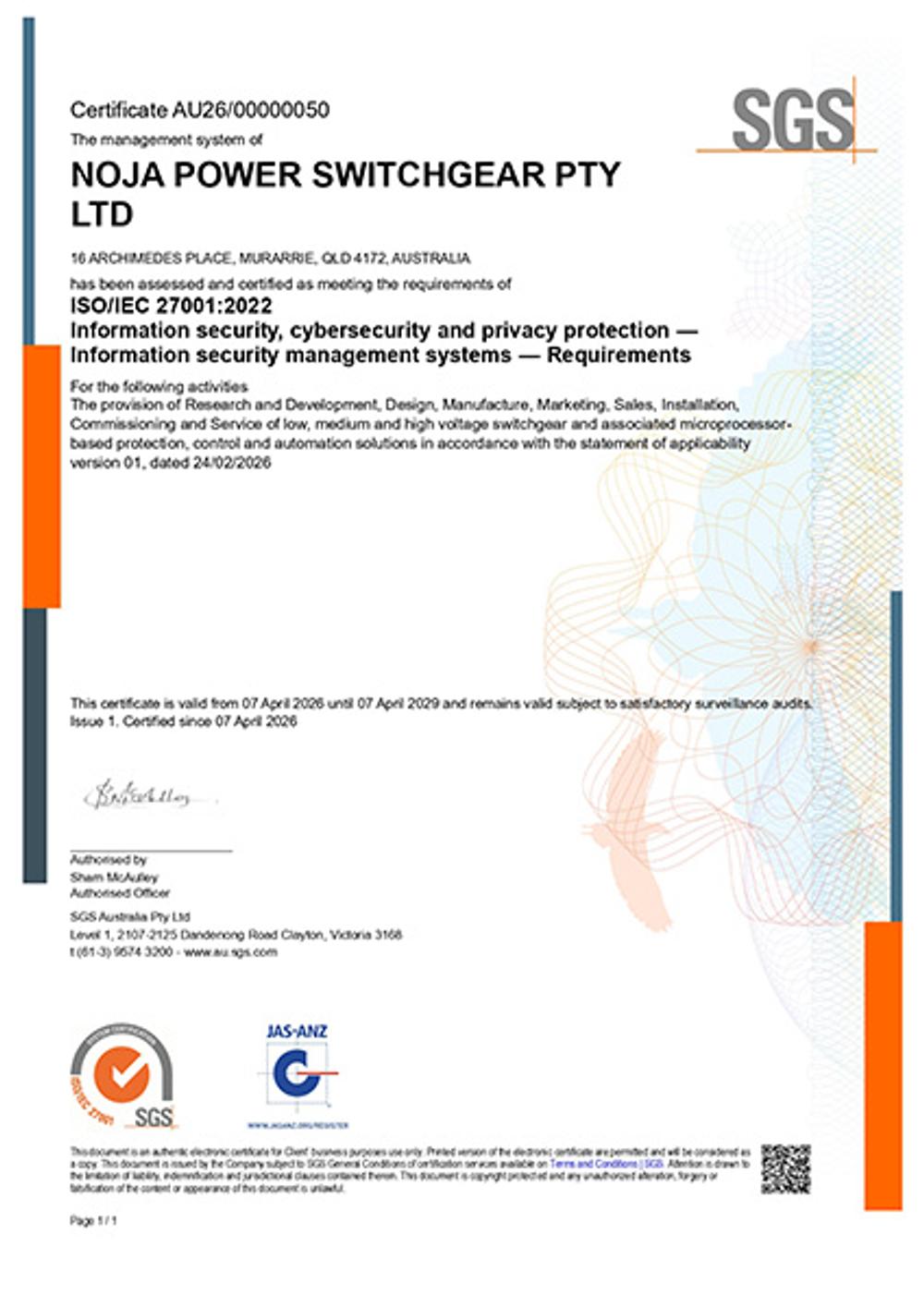 NOJA Power ISO 27001 Certification for Information Security Management