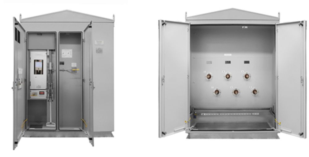 Two custom Ground Mount Kiosks, one open with mechanical (rack-and-pinion) interlock between the ACR and earth switch and the other showing RC Controller