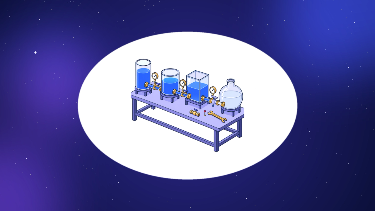 Isometric row of four different glass tanks linked by brass pipes, blue dye stopped at a new valve, red pin beside the leaking seam.