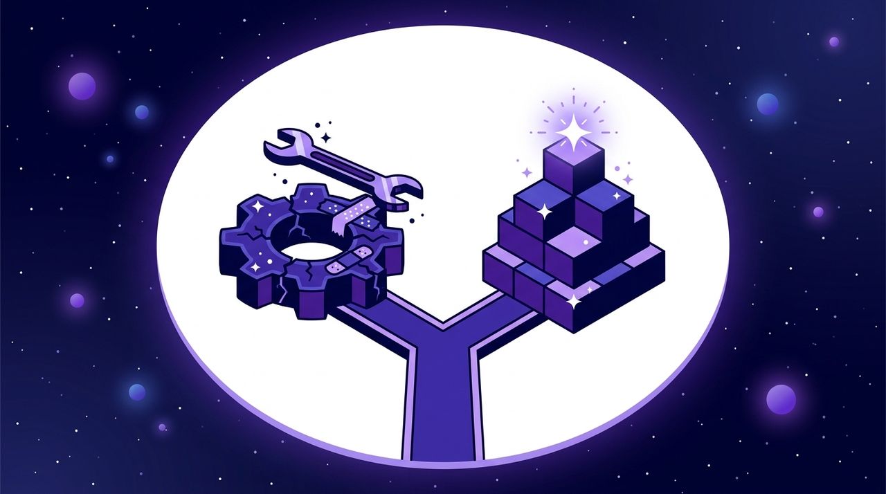 Illustration of a fork in a path: a patched gear and wrench on one side, fresh building blocks on the other, representing fixing versus rebuilding legacy tests