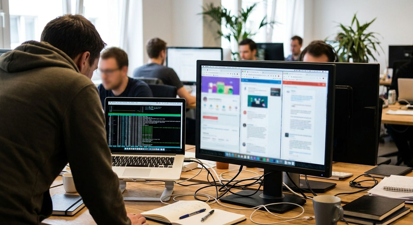 Developer running an automated test suite in a terminal while multiple browser windows are open on a second monitor