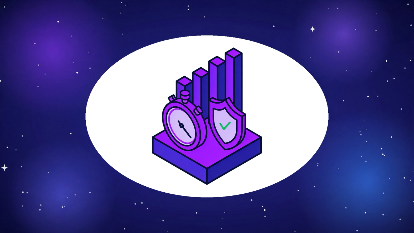 Isometric stopwatch beside a shield with a checkmark and a rising bar chart, representing how to measure AI developer productivity without ignoring quality