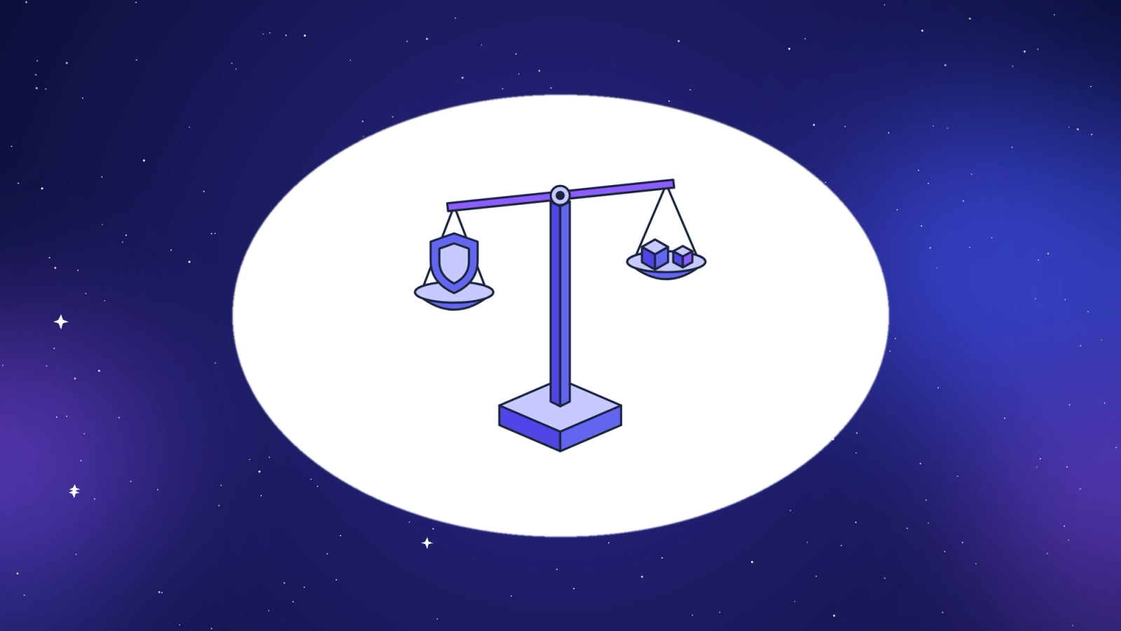 Isometric balance scale weighing a heavy shield against two small cubes, showing how leaders weigh AI risks