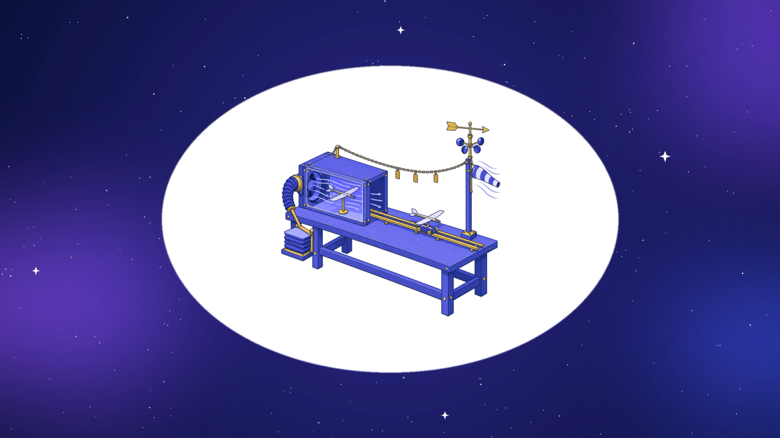 Isometric wooden wind tunnel holding a model glider, linked by brass rail to an outdoor weather vane on a workbench