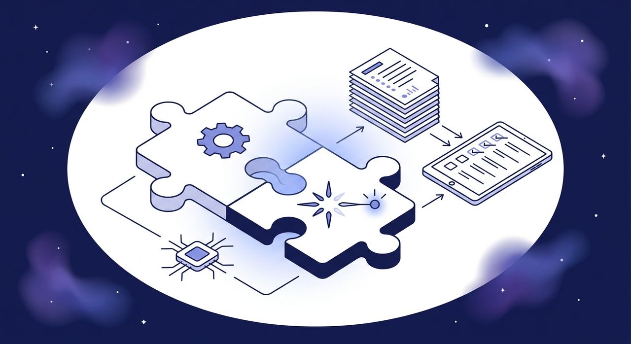 Two interlocking puzzle pieces with a glowing AI spark, representing the ContextQA and IBM watsonx.ai partnership