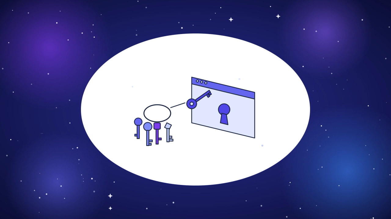 Isometric key ring with five different keys, one raised toward a browser window keyhole, representing the search for testsigma alternatives for codeless automation