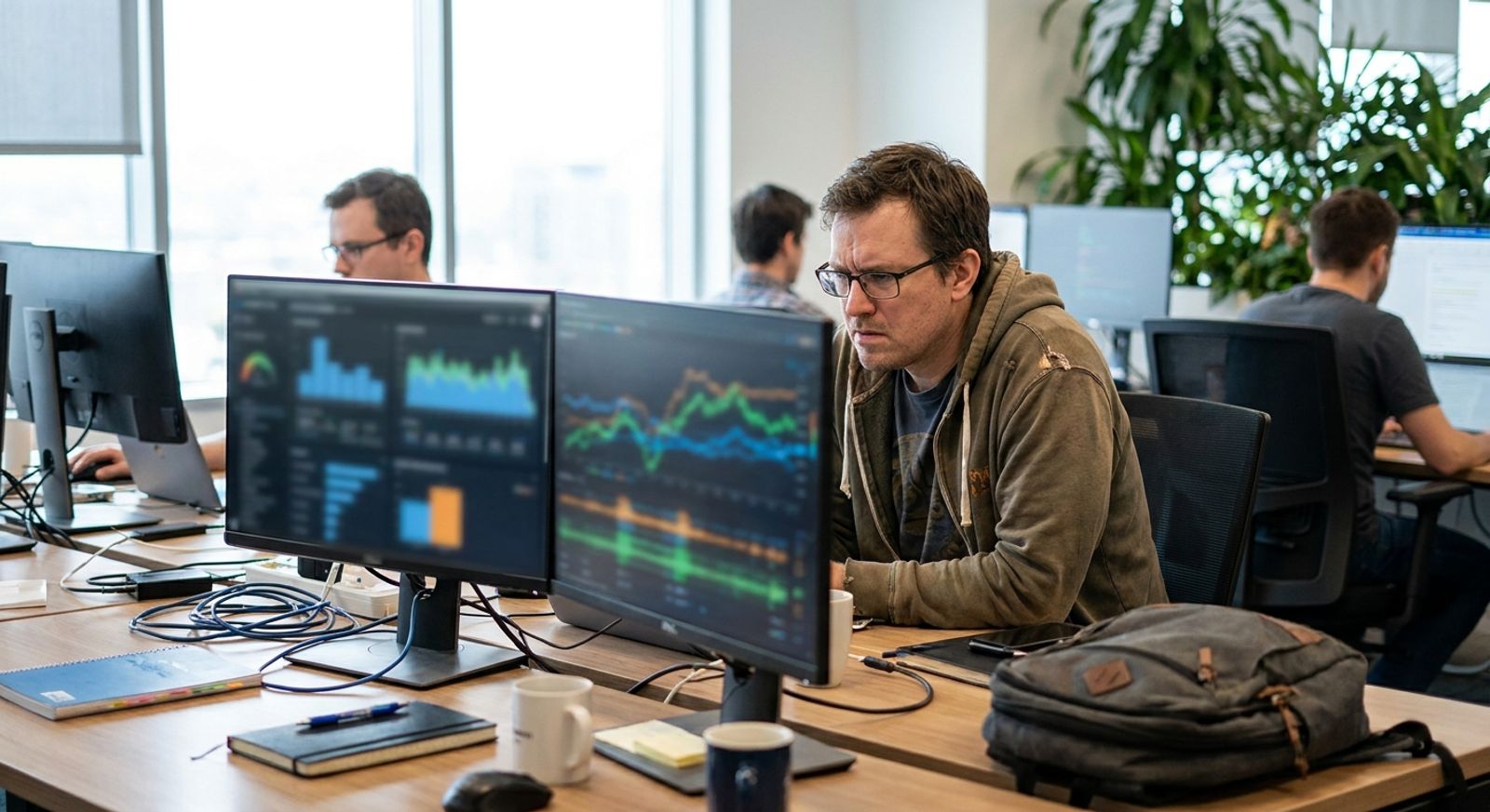 Security engineer reviewing AI agent test logs and alerts on a monitor in a modern office