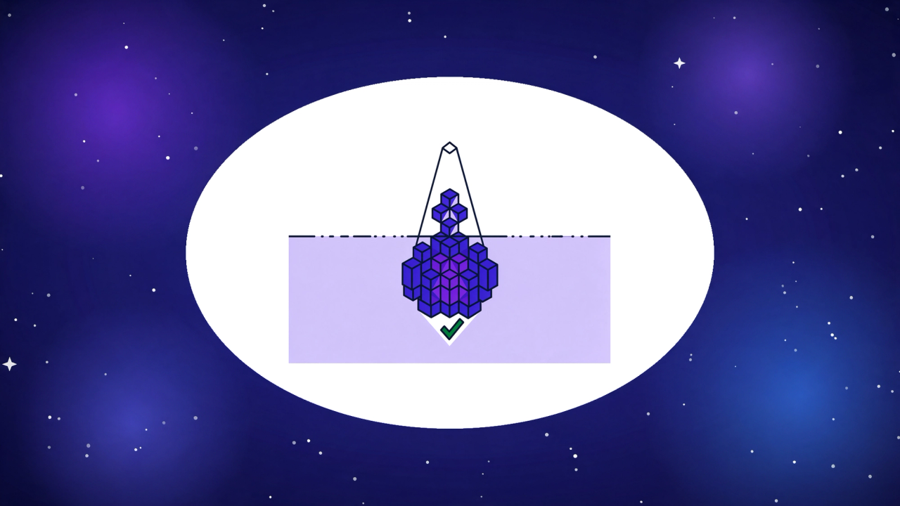 Isometric iceberg with a few blocks above the waterline and a large mass of blocks hidden below under a spotlight, representing hidden test debt