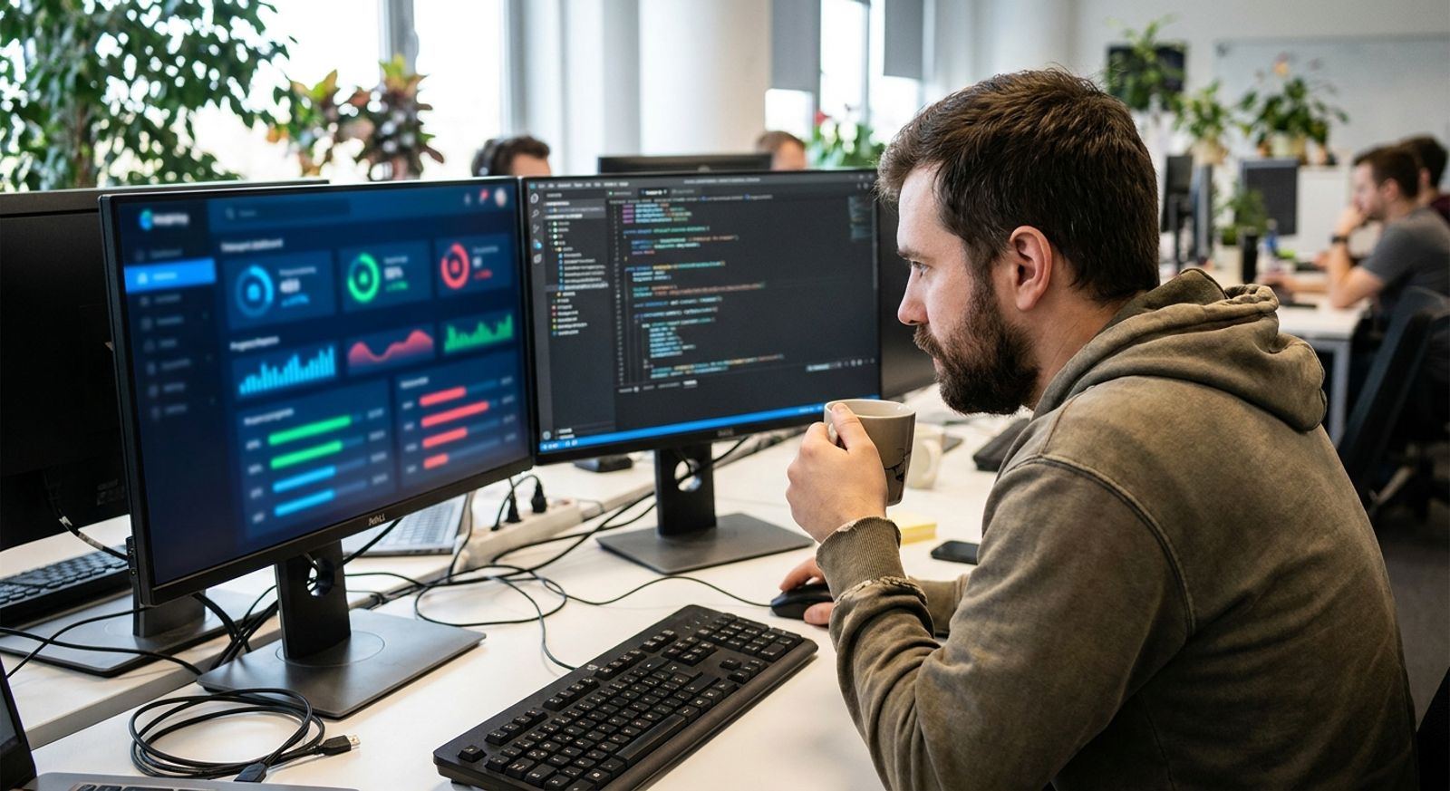 Software engineer monitoring a CI/CD pipeline dashboard with parallel test run progress on a monitor