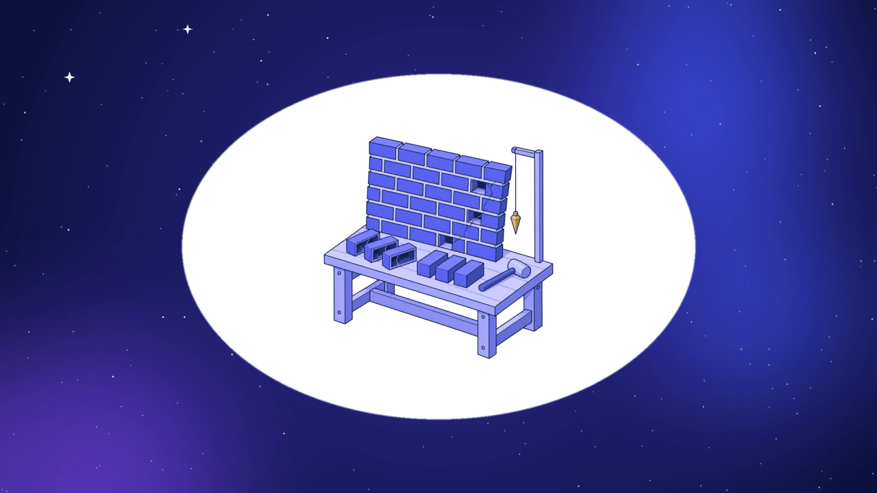 Isometric brick wall with a leaning section, hollow bricks pulled out, a plumb line and a small mallet on a workbench