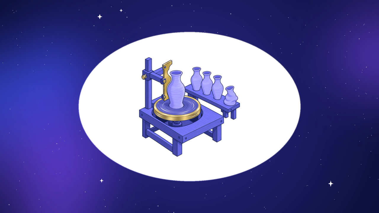Isometric potter's wheel spinning a clay vase against a fixed brass profile gauge, with a wobbly vase set aside