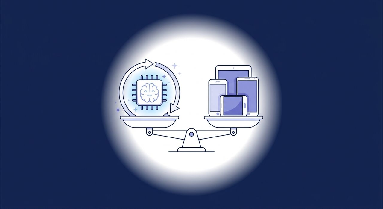 Illustration of a balance scale weighing an AI chip with a self-healing loop against a stack of mobile devices, representing ContextQA vs TestGrid