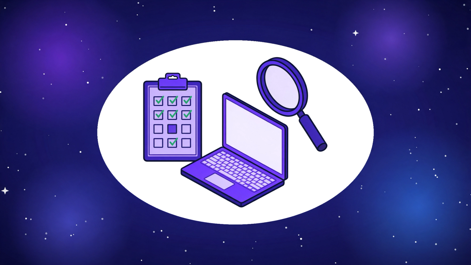 Isometric clipboard scorecard with ticked checkboxes next to a laptop and a magnifying glass, representing how to evaluate AI coding tools before rollout