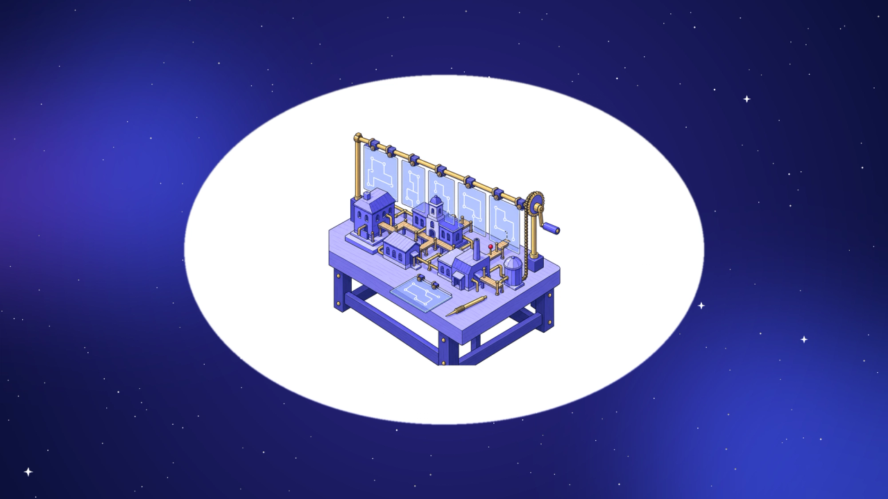Isometric brass rail carrying etched glass plates over a wooden model town, one plate showing a shifted walkway